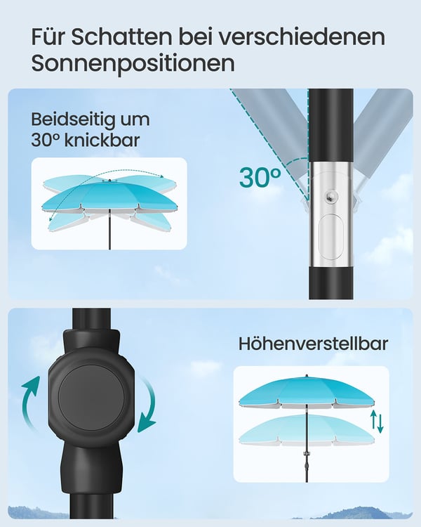 UPF 50+ parasol kan foldes 30° på begge sider uden stativ