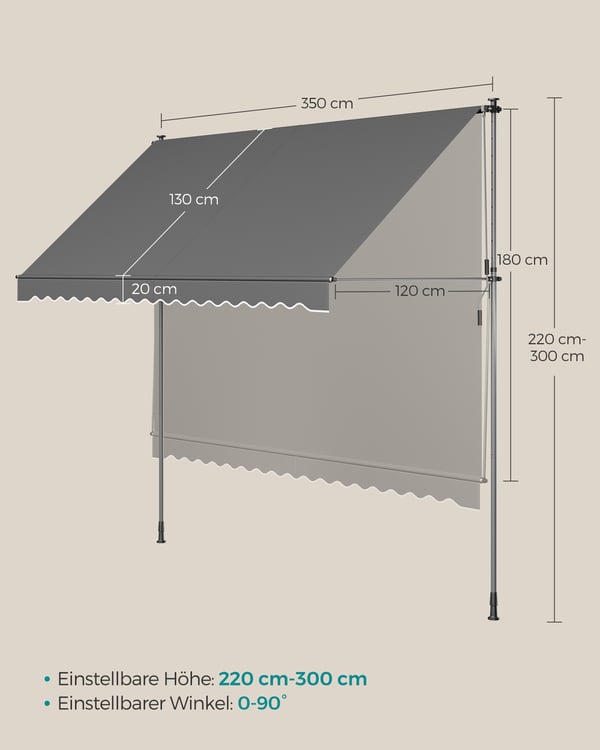 Klemmemarkise med håndsving 350 x 120 cm antracit