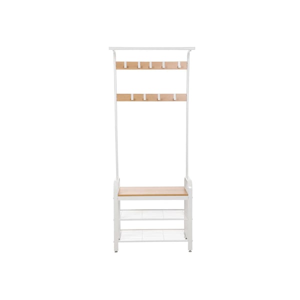 Knagerække, knagerække med bænk til skoopbevaring, 4-i-1-design, med 9 aftagelige kroge, en tøjstang, til gang, indgang, 33,7 x 77 x 183 cm, moderne,