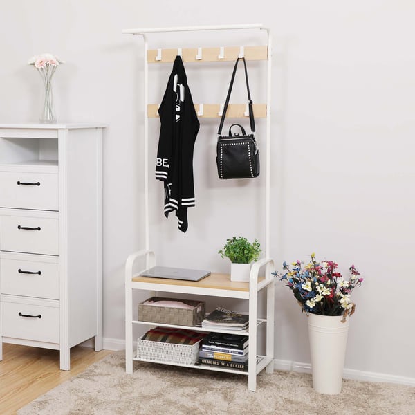 Knagerække, knagerække med bænk til skoopbevaring, 4-i-1-design, med 9 aftagelige kroge, en tøjstang, til gang, indgang, 33,7 x 77 x 183 cm, moderne,