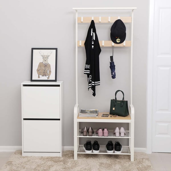 Knagerække, knagerække med bænk til skoopbevaring, 4-i-1-design, med 9 aftagelige kroge, en tøjstang, til gang, indgang, 33,7 x 77 x 183 cm, moderne,