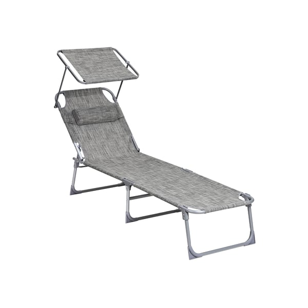 Solstol, liggestol, liggestol med nakkestøtte, justerbar ryglæn, solskærm, letvægts, sammenklappelig, 53 x 193 x 29,5 cm, bæreevne 150 kg, til haven, gråbeige GCB19T