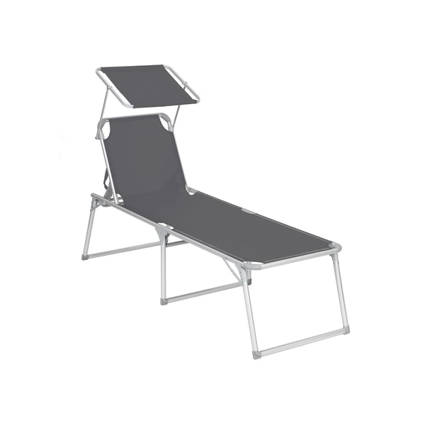 Solstol, solsäng, stor liggsol, 65 x 200 x 48 cm, lastkapacitet 150 kg, med fällbart ryggstöd, solskydd, hopfällbar, för trädgård, balkong, terrass, grå GCB26GY