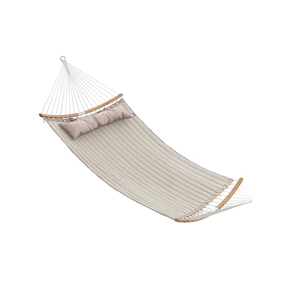 Polstret dobbelthængekøje, quiltet hængekøje med aftagelige buede bambus-spredestænger, gyngeseng med pude, Oxford-stof, 200 x 140 cm, bæreevne 225 kg, creme og beige GDC34BE Polstret dobbelthængekøje, quiltet hængekøje med aftagelige buede bambus-spredestænger, gyngeseng med pude, Oxford-stof, 200 x 140 cm, bæreevne 225 kg, creme og beige GDC34BE