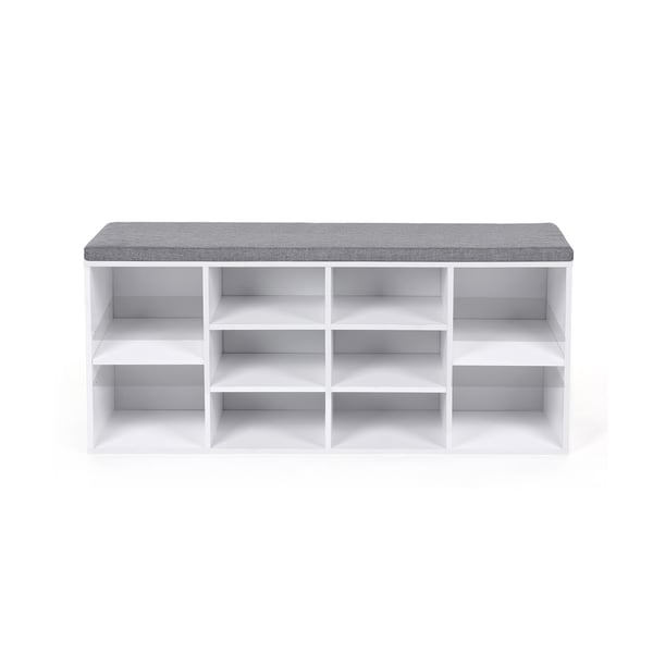 Sko-bænk, sko-hylde, sko-stativ, opbevaringsskab, 10 rum, med pude, til entre, 104 x 30 x 48 cm, hvid LHS10WT