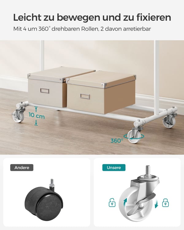Tøjstativ på hjul, kraftigt tøjstativ, med udtrækkelig bøjlestang, 90 kg belastningskapacitet, nem montering, bærbart, klassisk hvid HSR013W01