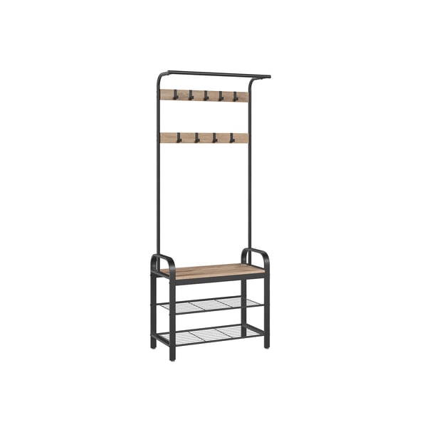 Kapphylla, kapphylla med bänk för skoförvaring, 4-i-1-design, med 9 löstagbara krokar, klädstång, för hall, entré, 34 x 72 x 183 cm, industriell, kamelbrun och bläcksvart