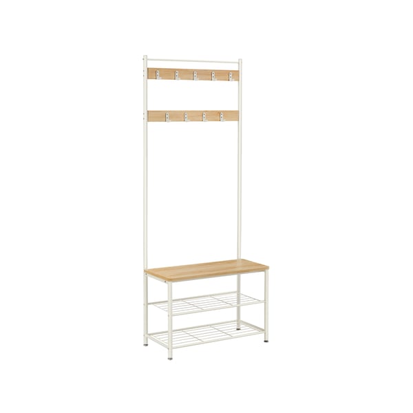 Vaateteline, takkiteline kenkien säilytyspenkillä, eteispuu kenkätelineellä, 3-in-1 muotoilu, teräsrunko, eteiseen, sisäänkäyntiin, 32 x 70 x 175 cm, moderni, tammen väri ja valkoinen