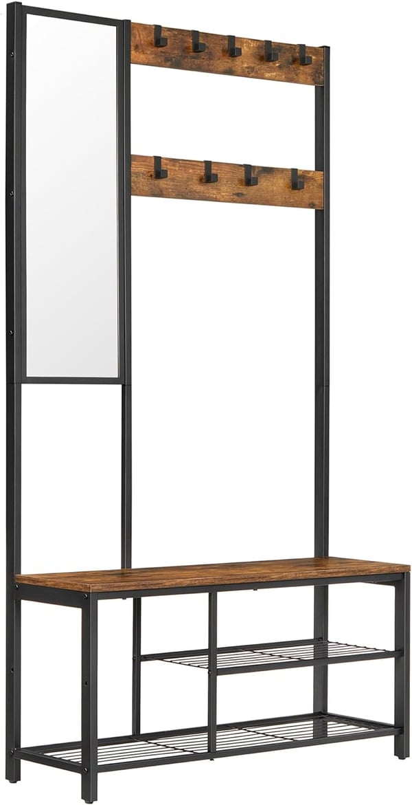 Vaateteline, eteishuonekalut koukuilla, peilillä, kenkätelineellä ja hyllyillä, 36 x 98 x 185 cm, eteiseen makuuhuoneeseen olohuoneeseen, maalaismainen ruskea ja musta