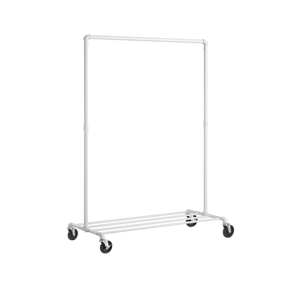 Klädstång, klädhängare på hjul, kraftig klädstång, klarar 90 kg, industriell design, klädställning med 1 hängstång och hylla, för sovrum tvättstuga, vit