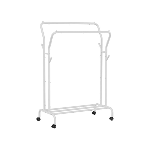 Tøjstativ, tøjstativ, dobbelt tøjstativ, kraftig metalramme, med hjul og hylde, 100 kg total max. belastning, 103,5 cm bred, tøjopbevaring, hvid HSR107W01