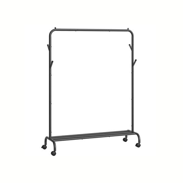 Tøjstativ, tøjstativ, enkelt tøjstativ, kraftig metalramme, med hjul og hylde, 50 kg total max. belastning, 103,5 cm bred, tøjopbevaring, blæksort HSR131B01