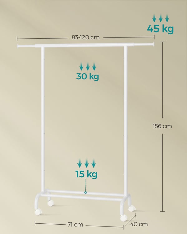 Tøjstativ på hjul, kan belastes med op til 45 kg skyhvid