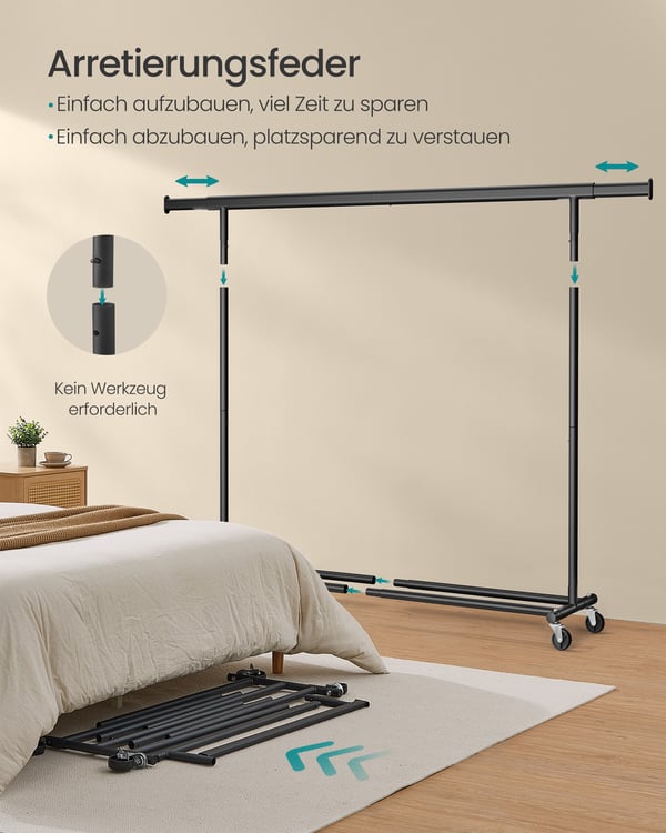 Tøjstativ på hjul, kraftigt tøjstativ, udtrækkeligt tøjstativ, maksimal belastning 150 kg, nem montering, transportabelt, sort