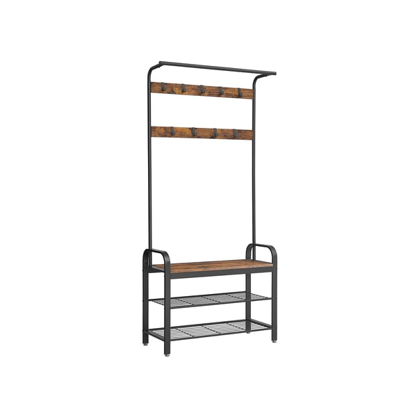 Takki teline, takkiteline ja kenkien säilytyspenkki, 4-in-1 muotoilu, 9 irrotettavaa koukkua, vaatekisko, eteiseen, sisäänkäyntiin, 33,7 x 84 x 183 cm, teollinen, maalaismainen ruskea ja musta