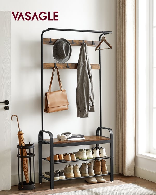 Knagerække, knagerække med bænk til skoopbevaring, 4-i-1-design, med 9 aftagelige kroge, en tøjstang, til gang, indgang, 33,7 x 84 x 183 cm, industrie
