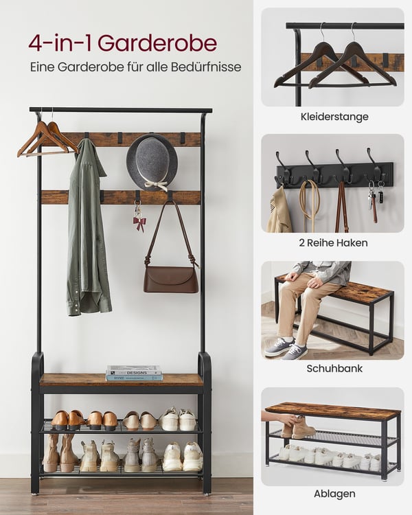 Knagerække, knagerække med bænk til skoopbevaring, 4-i-1-design, med 9 aftagelige kroge, en tøjstang, til gang, indgang, 33,7 x 84 x 183 cm, industrie