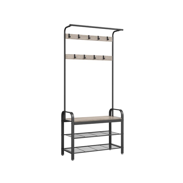 HSR400B02 Vaateteline, kenkäteline istuimella, vaateteline 9 irrotettavalla koukulla, penkki, 2 hyllyä, 183 cm korkea, teollinen muotoilu, greige-musta
