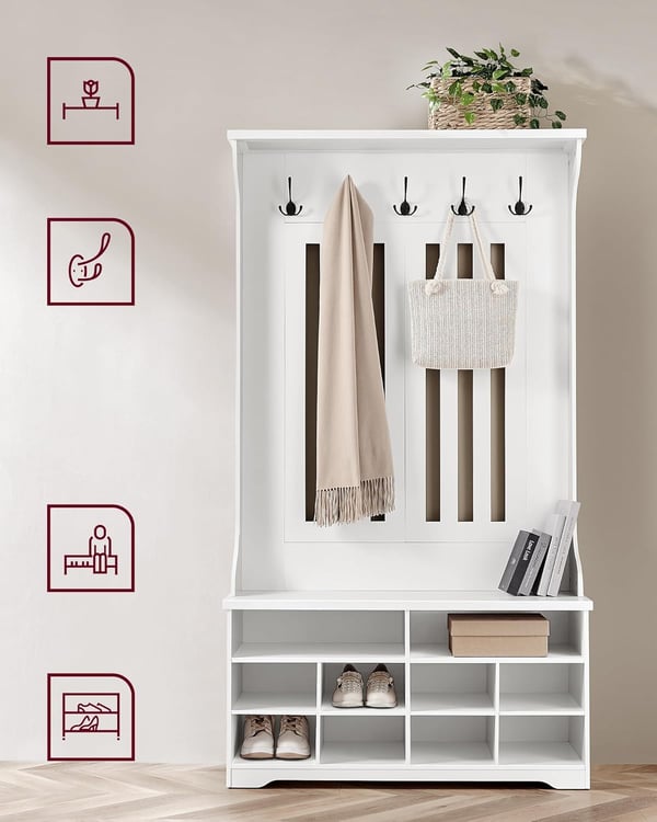 Garderobeskab, garderobe, knagerække med bænk, skoopbevaring, med kroge, justerbar hylde, moderne, hvid
