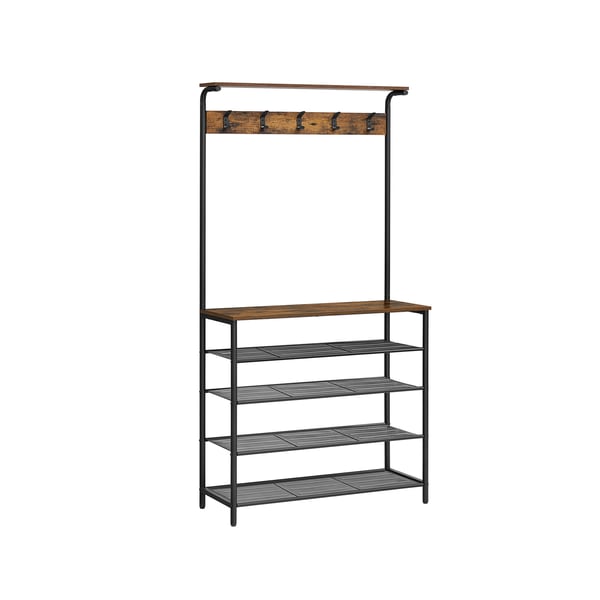 Coat Rack Stand, Hall Tree kenkäsäilytys, 5 Tier Shoe Rack eri korkeus, 5 Dual koukut, Top hylly, eteinen makuuhuone Dorm Apartment, Industrial, Rustic Brown ja musta