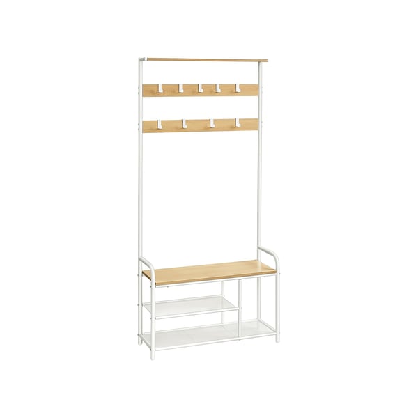 HSR409W09 Vaateteline 9 koukulla Kenkäpenkki Hylly 30 x 85 x 180.5 cm eteiseen Makuuhuoneeseen Pienet asunnot Moderni tammi Valkoinen