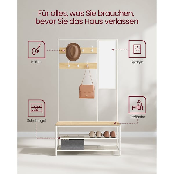 Garderobestativ med skoopbevaring, halltræ med spejl, kroge, bænk og skohylder, 35 x 98 x 180 cm, gang soveværelse entré, moderne stil, egetræsfarve o