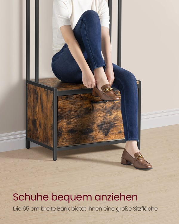 Knagerække med skoopbevaring, halltræ med bænk, 7 kroge og øverste hylde, til gang, soveværelse, industriel stil, rustik brun og klassisk sort HSR425B