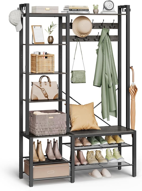 Hall Tree, jossa on penkki ja kenkien säilytys, Entryway Coat Rack ja kenkäpenkki, 5 säilytyshyllyä, 9 takkikoukkua, 6 sivukoukkua, 15,7 x 47,2 x 74,8 tuumaa, kiviharmaa ja muste musta