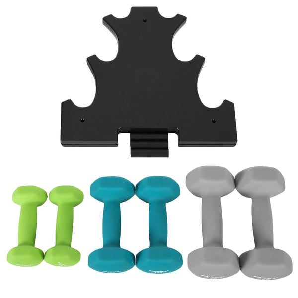 Hex-håndvægtssæt med stativ – 2 x 1 kg, 2 x 2 kg, 2 x 3 kg, neoprenmat finish, håndvægte til hjemmetræning, lime, blågrøn og lysegrå SYL612GN