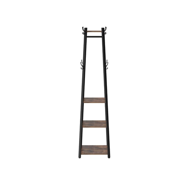Garderobestativ, garderobestativ med 3 hylder, stigehylde med kroge til tørklæder, tasker og paraplyer, stålramme, industriel stil, rustik brun og sor
