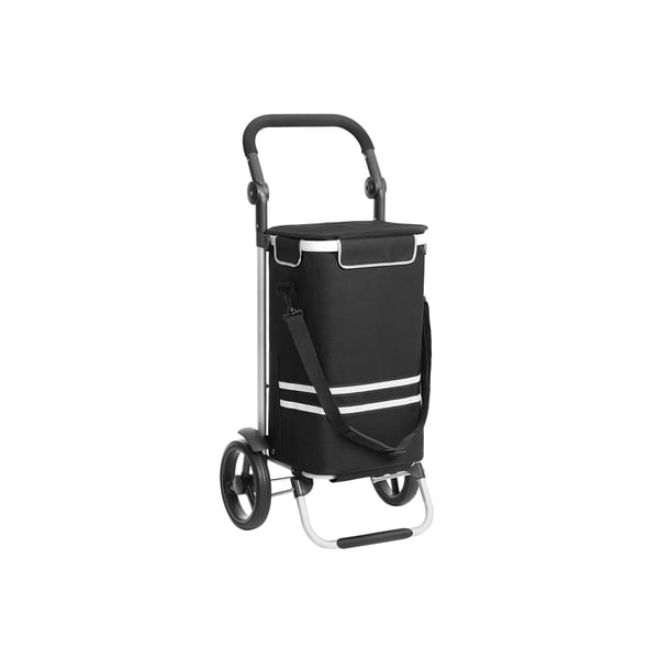 Shoppingvagn, hopfällbar shoppingvagn, solid, med isolerad kylväska, stor kapacitet 35L, multifunktionell bagagevagn med hjul, avtagbar ryggsäck, svart KST03BK