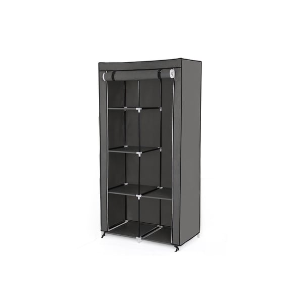 Stoffet garderobe, tøjopbevaringssystem med 2 bøjlestænger, 6 hylder, tilpasseligt design, 88 x 45 x 168 cm, til soveværelse, afdeling, grå