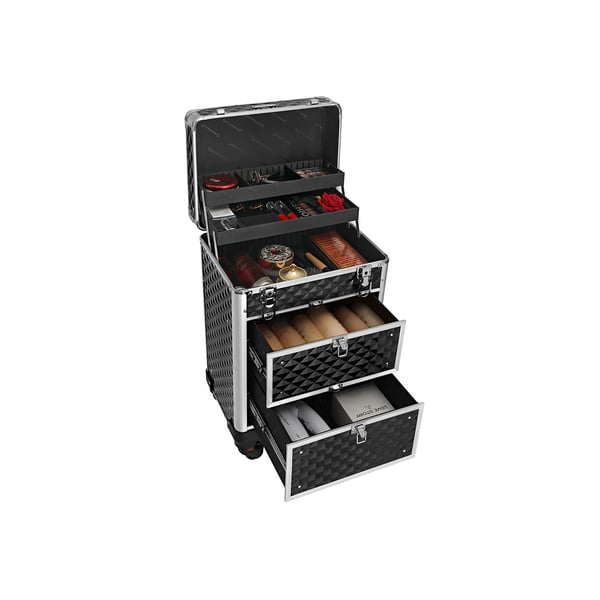 SONGMICS låsbar makeup taske – kosmetik taske på hjul, professionel med rum og skuffer, 34x27x57 cm, sort