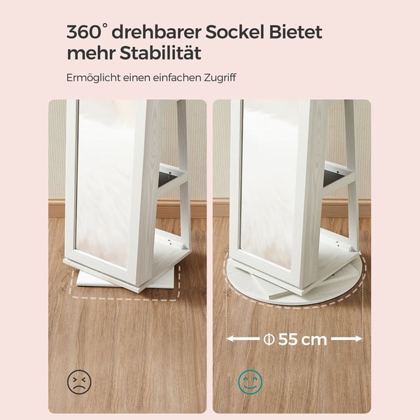 Fristående smyckeskåp, 360° vridbar smyckesorganisatör med spegel, hyllor, 3-i-1 låsbart smyckesskåp, kosmetikförvaringsskåp, vit med gråaktig träådri