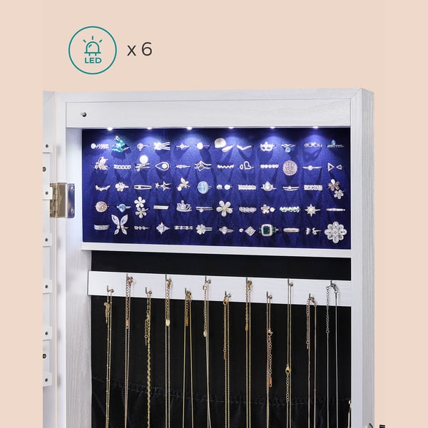 Kehyksetön peilattu korukaappi kaappi Armoire, 6 LED korut järjestäjä seinälle ripustettu tai oveen asennettu, suuri kapasiteetti 2 laatikkoa, valkoin