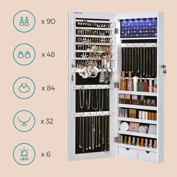 Kehyksetön peilattu korukaappi kaappi Armoire, 6 LED korut järjestäjä seinälle ripustettu tai oveen asennettu, suuri kapasiteetti 2 laatikkoa, valkoin