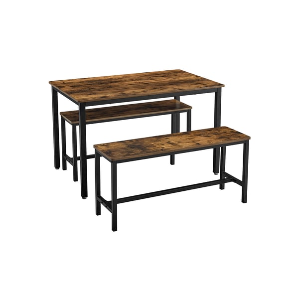 Spisebord med 2 bænke, 3-delt sæt, køkkenbord på 110 x 70 x 75 cm, 2 bænke på hver 97 x 30 x 50 cm, stålstel, industrielt design, rustikt brunt og sort KDT070B01