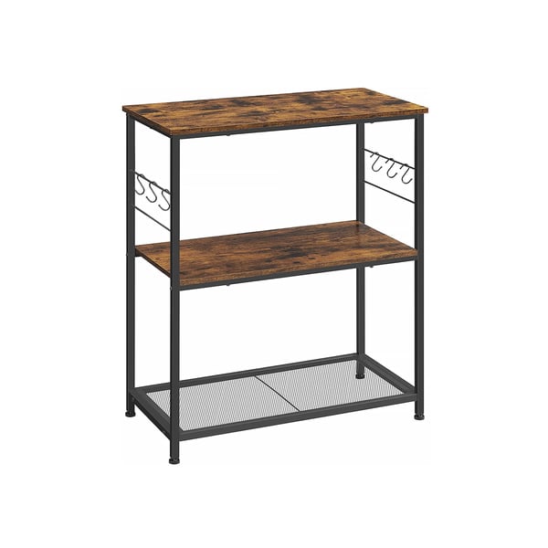 Kökshylla, mikrovågshylla, köksö, stående hylla, metallram, 3 hyllplan, öppna, 6 krokar, multifunktionell hylla, 80 x 40 x 90 cm, industriell design, vintage brun/svart KKI01