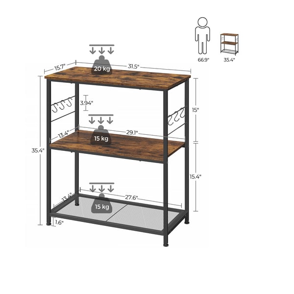Køkkenhylde, mikrobølgehylde, køkkenø, stående hylde, metalramme, 3 hylder, åben, 6 kroge, multifunktionel hylde, 80 x 40 x 90 cm, industrielt design,