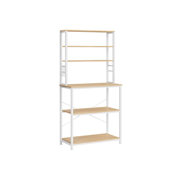 Keittiön hyllyteline Teline Mikroaaltouunin hyllyteline 6 tasoa 6 hyllyä ja 6 koukkua Mikroaaltouuni Teräsrunko Industrial Design 40 x 80 x 167 cm Tammi Valkoinen KKS019W09