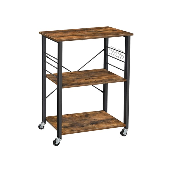 Keittiöhylly pyörillä, tarjoiluvaunu 3 hyllyllä, mikroaaltouunihylly, mini-uunille, leivänpaahtimelle, metallirunko 6 koukulla, teollinen muotoilu, maalaisruskea KKS60XV1