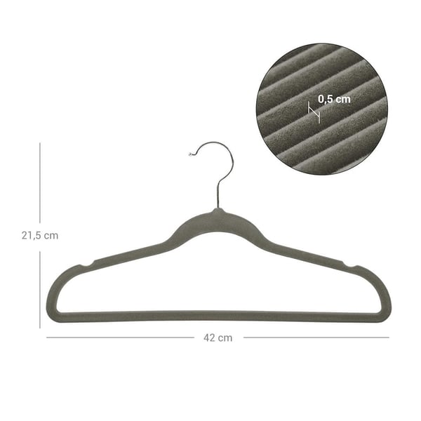 Sæt med 30 fløjlsbøjler, 42 cm lange, tynde og holdbare, høj bæreevne, med 360° drejelige kroge, til frakker, skjorter og jakkesæt, grå, ABS-plast, me