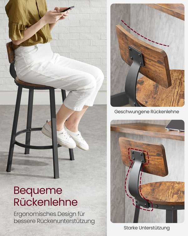 Barstole, køkkenstole, sæt med 2 høje barstole med ryglæn, stålramme, 62,5 cm højt sæde, nem montering, industriel, rustik brun og sort LBC076B01