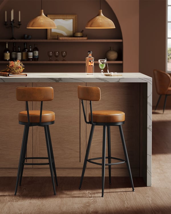 EKHO Collection - Barstolar Set om 2 Snurrbara barstolar med ryggstöd Konstläder med sömmar Mid-Century Modern Style 76cm Höga Kök Home Bar Karamellbr