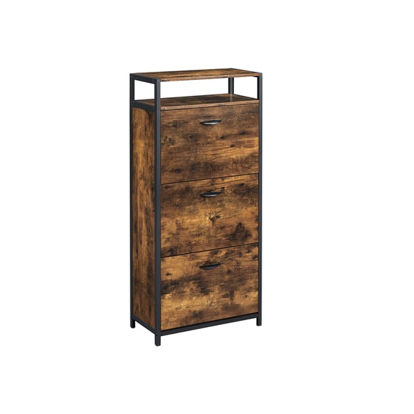 Skoskab med 3 klaplåger, opbevaringsreol med åbent rum, indvendige skillevægge, til 15-18 par sko, 60 x 30 x 130 cm, rustik brun og sort LBS101B01 Skoskab med 3 klaplåger, opbevaringsreol med åbent rum, indvendige skillevægge, til 15-18 par sko, 60 x 30 x 130 cm, rustik brun og sort LBS101B01