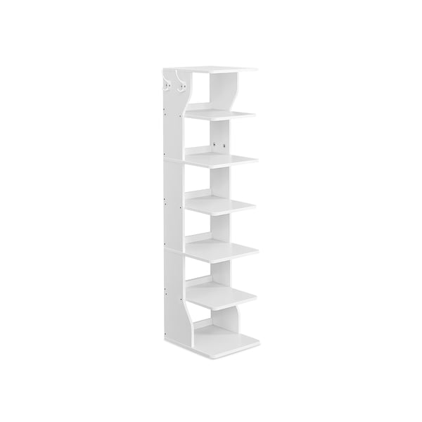 Zapatero vertical de 7 niveles, organizador estrecho de almacenamiento de zapatos con ganchos, estante de madera delgado para zapatos, robusto y duradero, ahorro de espacio para entrada y dormitorio,