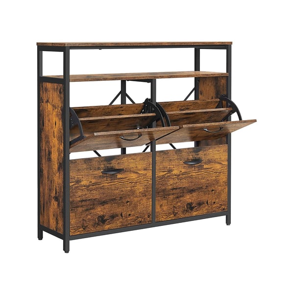 LBS803B01 Skoskåp med 4 klaffar Skoställ Sko Tipper Skokista i hallen för 12-20 par skor, 98,3 x 30 x 95 cm, Vintage Brown/Black