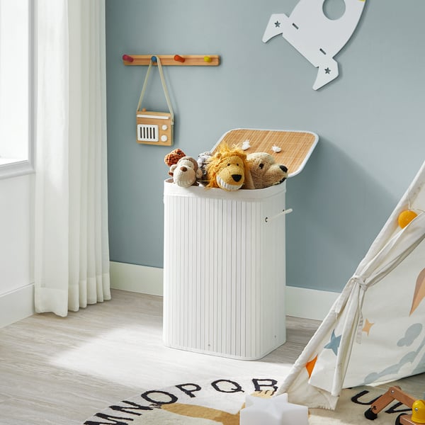 Bambus vasketøjskurv, 72L foldbar vasketøjskurv, rektangulær opbevaringskurv med 3 håndtag, 40 x 30 x 60 cm, hvid