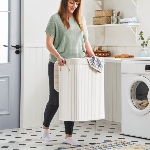 Bambus vasketøjskurv, 72L foldbar vasketøjskurv, rektangulær opbevaringskurv med 3 håndtag, 40 x 30 x 60 cm, hvid