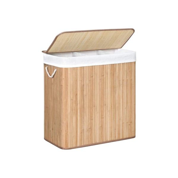 Vasketøjskurv med 3 sektioner, clip-on låg og håndtag, 150 l, foldbar, til vaskerum, soveværelse, badeværelse, naturlig LCB091N01